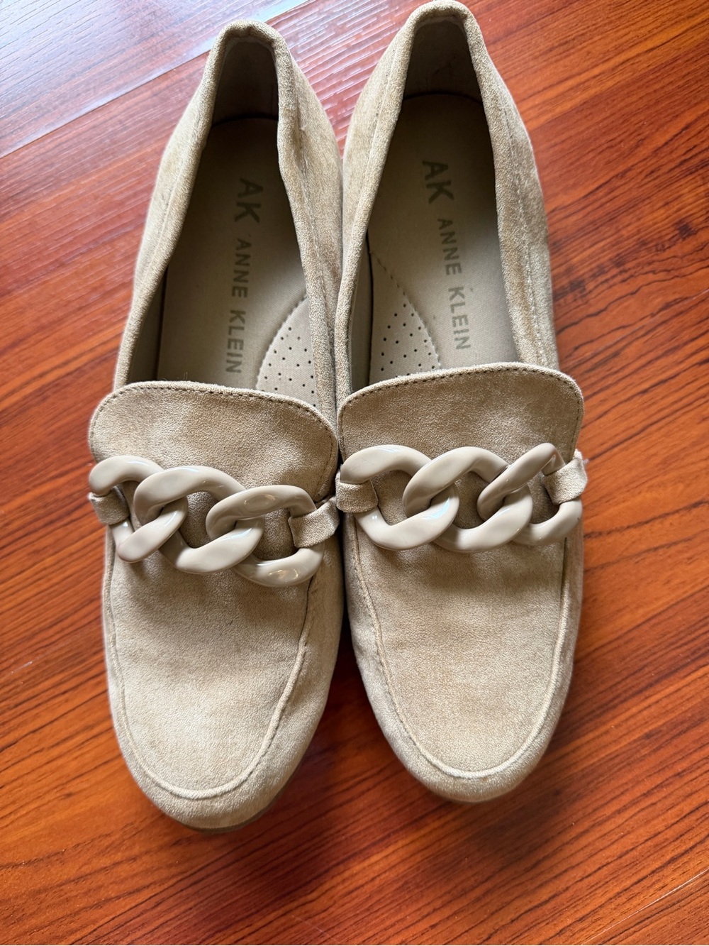 Anne Klein Taupe Suede Loafers with Cream Chain Detail